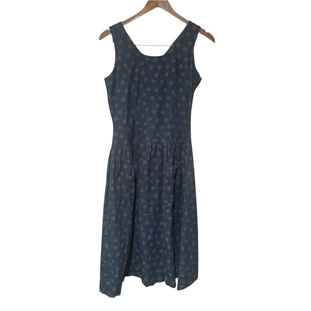 Vintage Mizz Lizzy Denim Fit & Flare Medallion Print Midi Dress Blue Size 7/8
